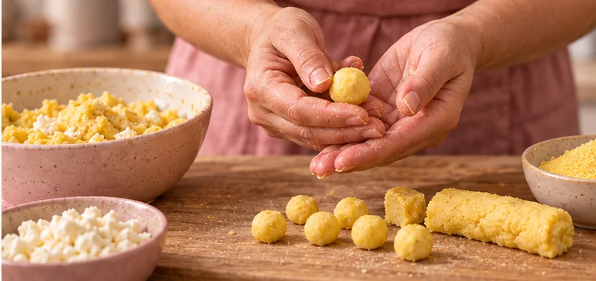 Manos formando bolitas de harina de maíz y queso sobre una tabla de madera