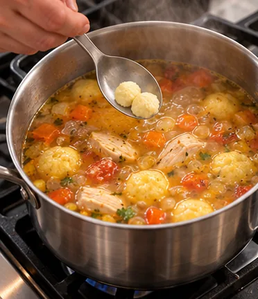 Olla de caldo hirviendo mientras se añaden bolitas de maíz con una cuchara