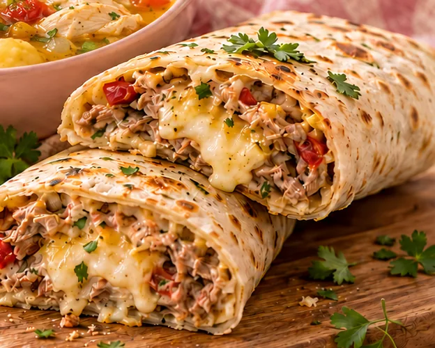 Burrito cortado por la mitad sobre una tabla, con carne desmechada, morrón y queso fundido