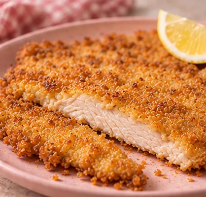Milanesa de ternera crujiente cortada, con un gajo de limón