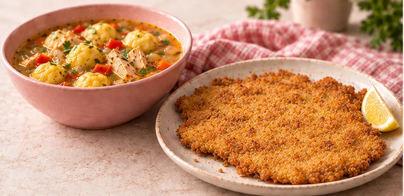 Vori vori y milanesa servidos sobre un mantel de cuadros rosas