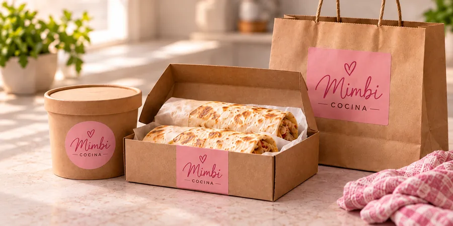 Envase kraft de sopa, caja con dos burritos y bolsa de papel con pegatinas rosas de Mimbi Cocina